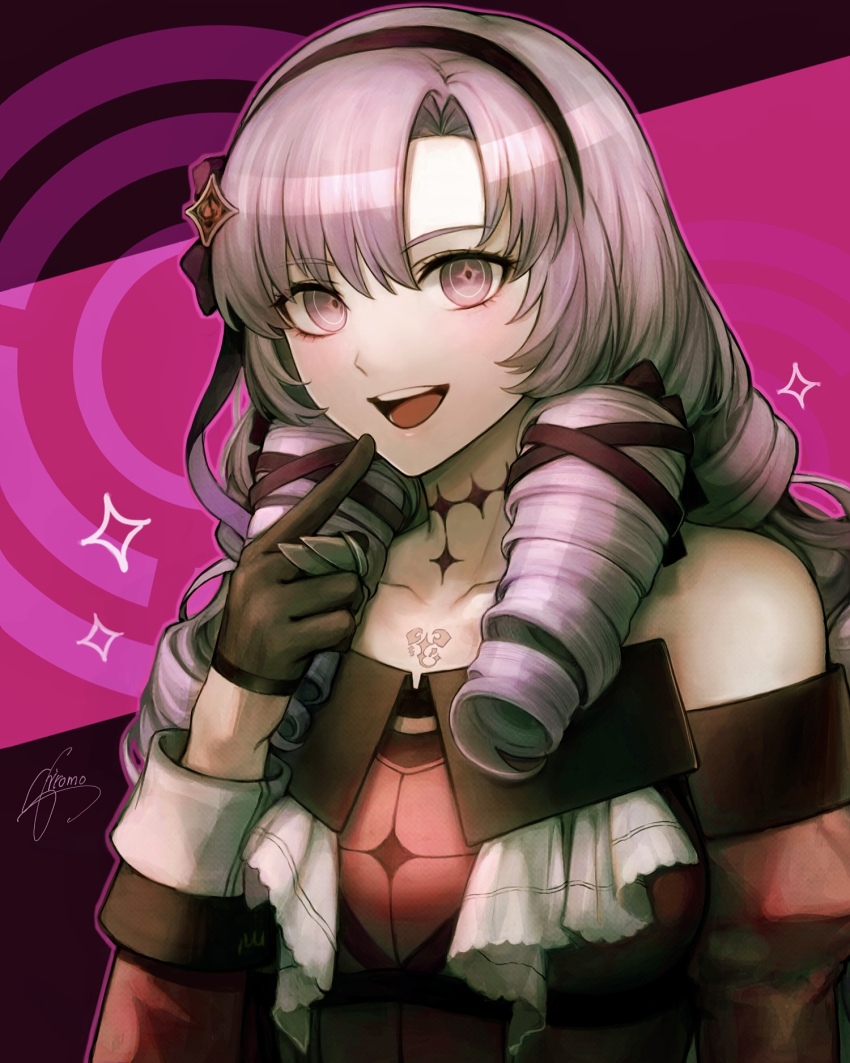 1girl, artist_name, bare_shoulders, black_choker, black_gloves, black_hairband, black_ribbon, breasts