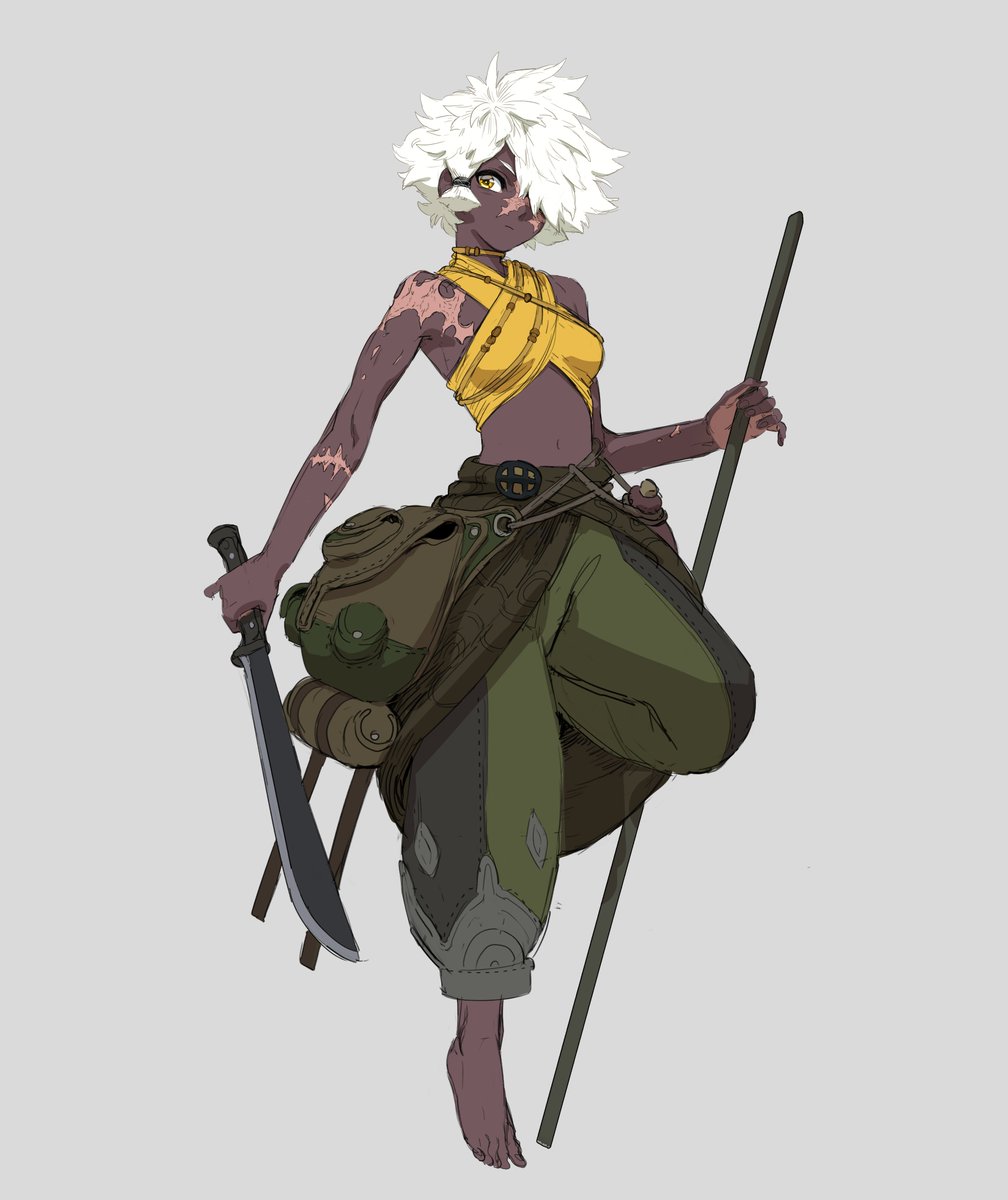 1girl, dark-skinned_female, dark_skin, grey_background, hair_over_one_eye, highres, original, pants