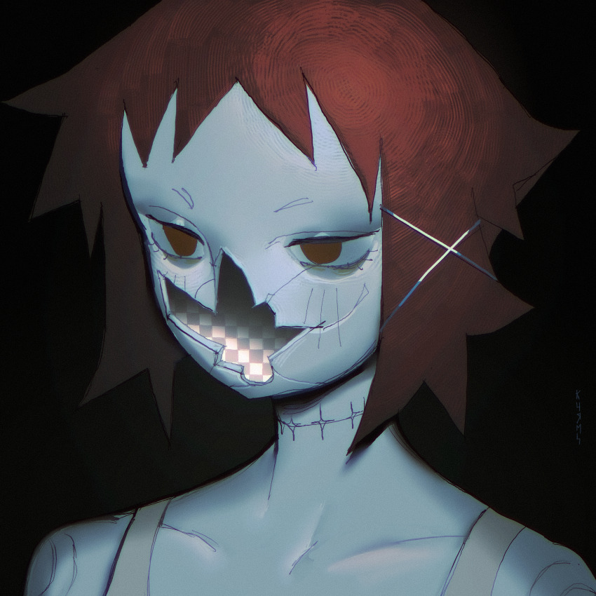 1girl, absurdres, black_background, broken_skin, brown_eyes, carmine3, commentary, cracked_skin