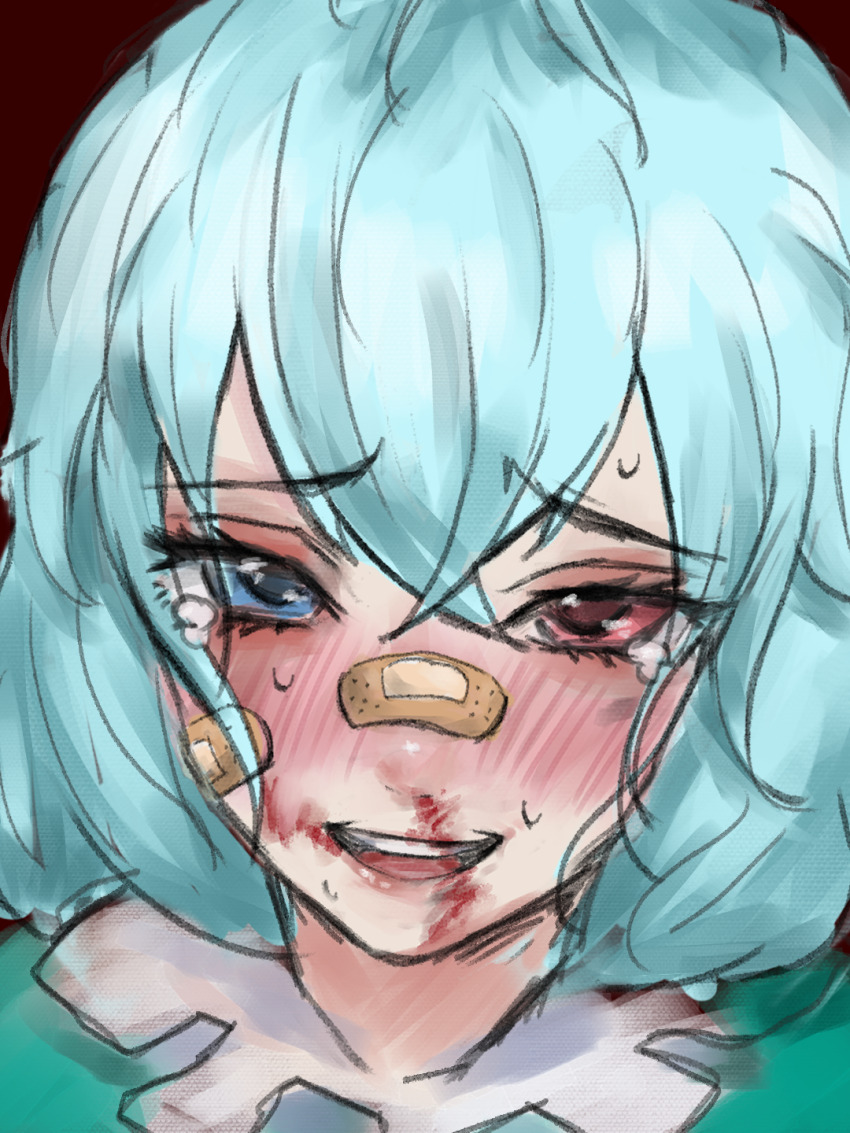 1girl, bandaid, bandaid_on_cheek, bandaid_on_face, bandaid_on_nose, blood, blood_on_face, blue_eyes, blue_hair, blush, bruise, bruise_on_face, chichipansy, cookie_(touhou), crying, crying_with_eyes_open, hair_between_eyes, heterochromia, highres, injury, looking_at_viewer, mioto_(cookie), open_mouth, portrait, red_eyes, ryona, short_hair, smile, solo, tatara_kogasa, tears, teeth, touhou, upper_teeth_only