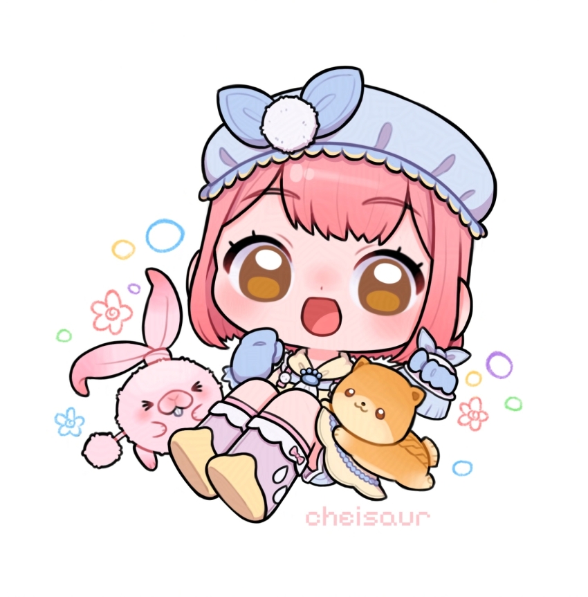 >_<, 1girl, apron, artist_name, ascot, blue_bow, blue_gloves, blue_hat