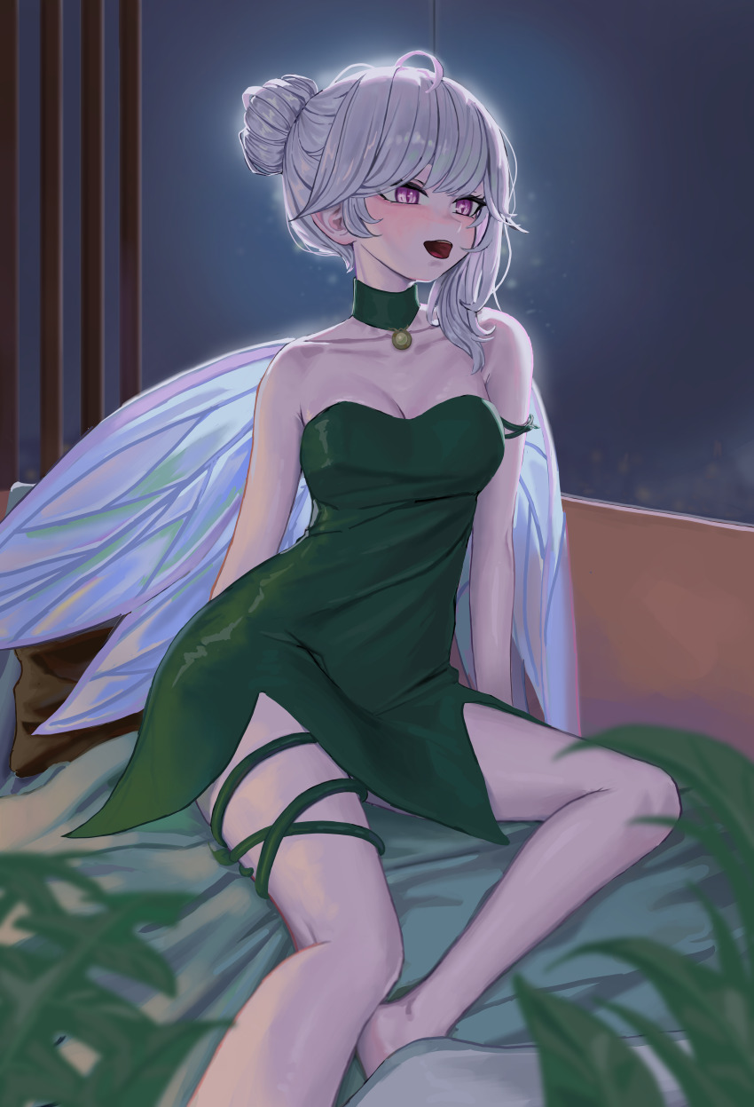 1girl, absurdres, asymmetrical_hair, bare_shoulders, barefoot, blush, breasts, choker, collarbone, dress, fairy, fairy_wings, green_choker, green_dress, grey_hair, hahtte, hair_bun, highres, long_hair, medium_breasts, open_mouth, pink_eyes, short_dress, single_side_bun, sirian_rain, sitting, smile, solo, strapless, strapless_dress, tube_dress, virtual_youtuber, waktaverse, wings, yokozuwari