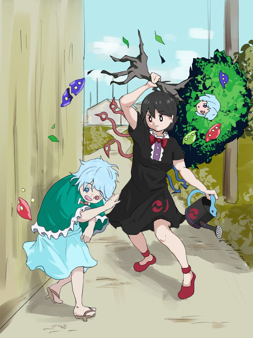 2girls, asymmetrical_wings, beating, black_dress, black_eyes, black_hair, blue_eyes, blue_hair