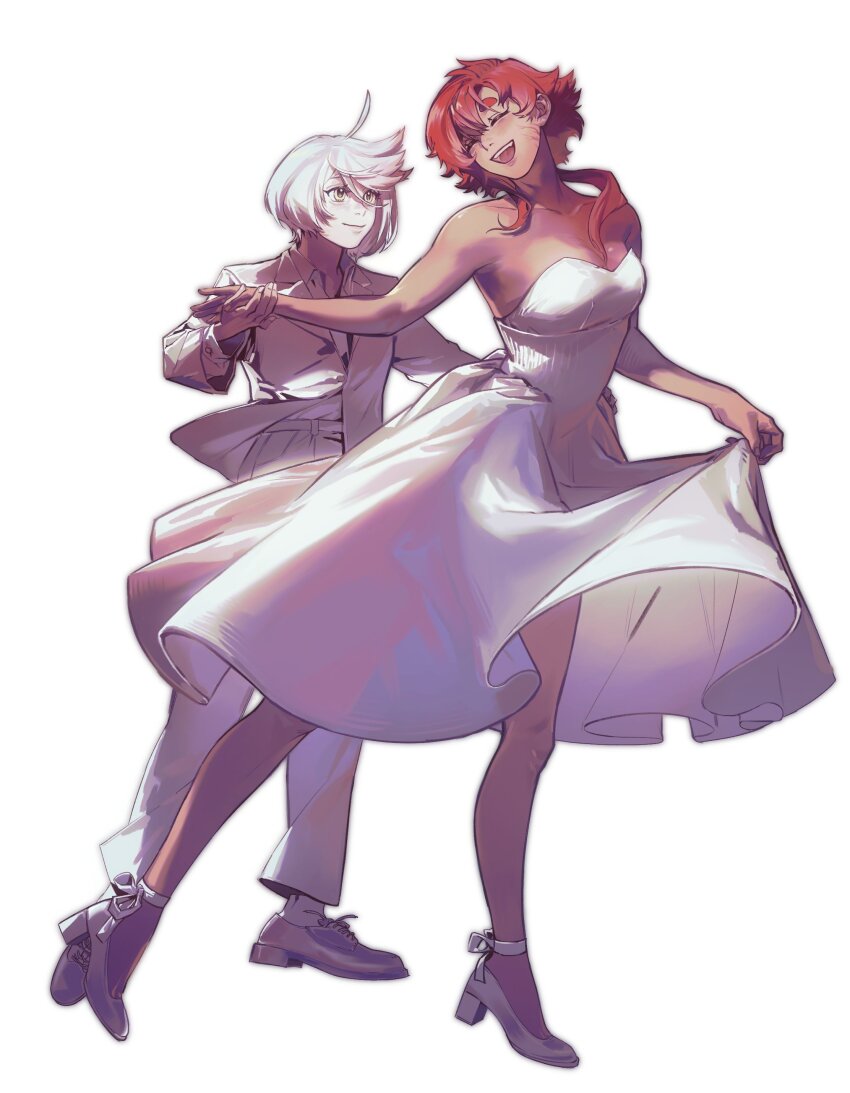 2girls, absurdres, chinese_commentary, closed_mouth, commentary_request, couple, dancing, dogwhitee