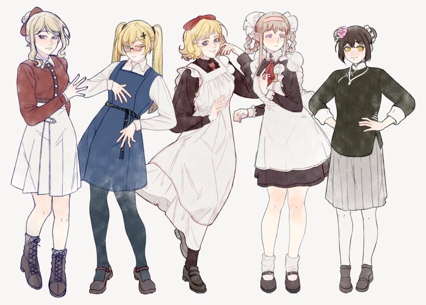 5girls, america_(female)_(hetalia), america_(hetalia), apron, aqua_eyes, axis_powers_hetalia, black_dress, black_hair