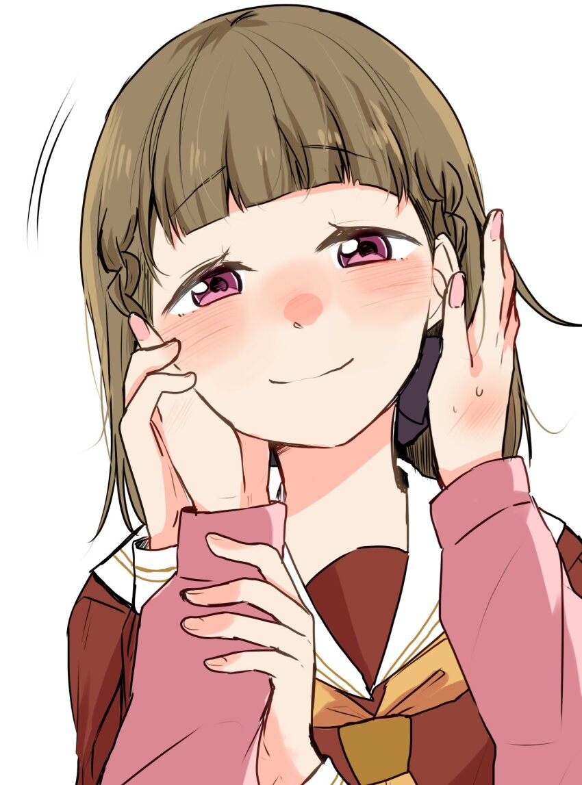 2girls, anyoji_hime, black_bow, blush, bow, braid, brown_dress, brown_hair, center-flap_bangs, closed_mouth, dress, female_pov, guided_hand_on_cheek, hair_bow, half-closed_eyes, hand_on_another's_cheek, hand_on_another's_face, hasu_no_sora_school_uniform, highres, jacket, kachimachi_kosuzu, link!_like!_love_live!, long_hair, long_sleeves, looking_at_viewer, love_live!, motion_lines, multiple_girls, namazakana_kuenai, neckerchief, nose_blush, pink_eyes, pink_jacket, pov, pov_hands, sailor_dress, school_uniform, side_ahoge, side_braids, smile, solo_focus, split_mouth, straight_hair, sweatdrop, upper_body, virtual_youtuber, winter_uniform, yellow_neckerchief, yuri