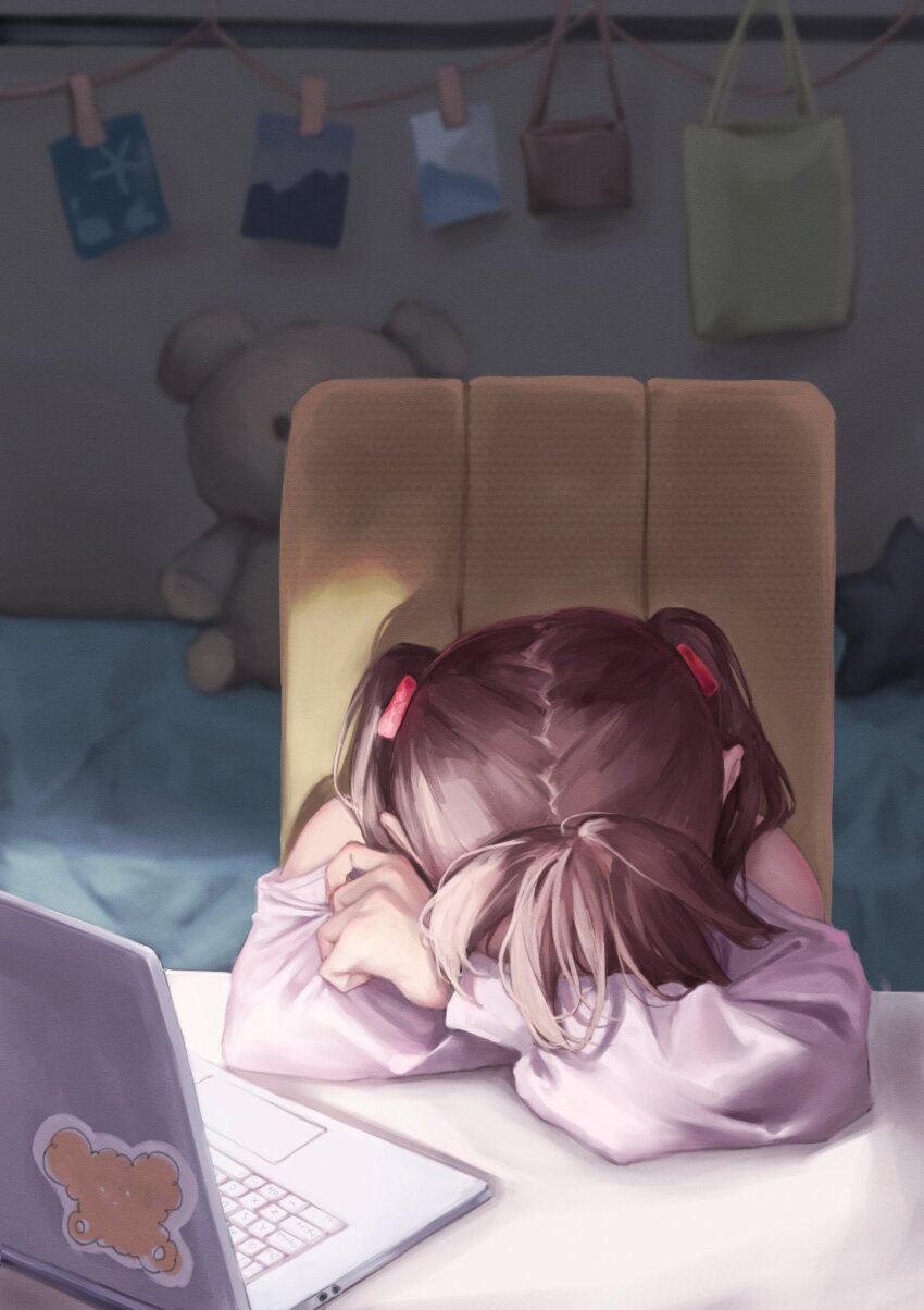 1girl, arms_on_table, bare_shoulders, brown_hair, chair, clothing_cutout, commentary_request, computer