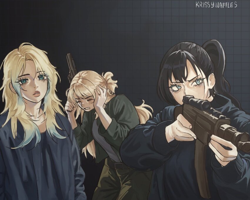 3girls, alternate_costume, aqua_eyes, aqua_hair, assault_rifle, black_hair, black_poncho, blonde_hair