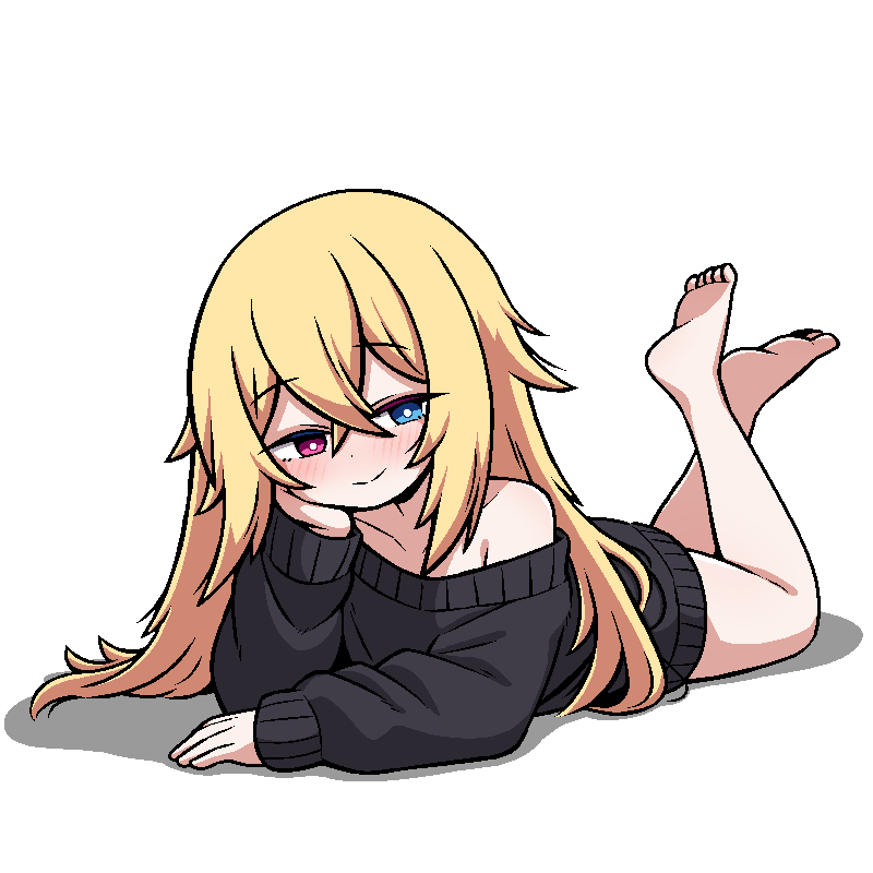 1girl, bare_legs, barefoot, black_sweater, blonde_hair, blue_eyes, blush, commission, commissioner_upload, crossed_bangs, full_body, heterochromia, ink_(inksgirls), koga_twin_(kogasaguy), long_hair, original, oversized_clothes, red_eyes, single_bare_shoulder, smile, solo, sweater, vgen_commission, white_background