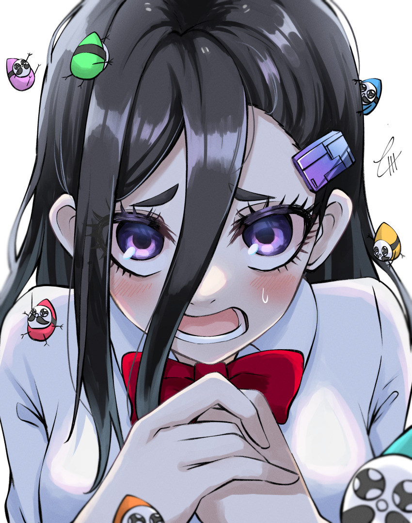 1girl, absurdres, black_hair, blush, bow, conical_hat, dandadan, gnome