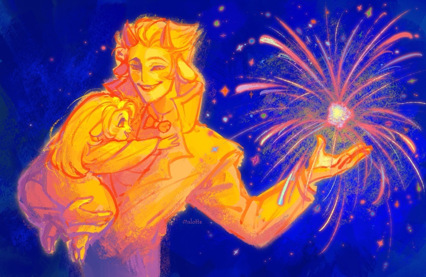 1boy, 1girl, blonde_hair, blush_stickers, charlie_morningstar, demon_boy, demon_girl, father_and_child