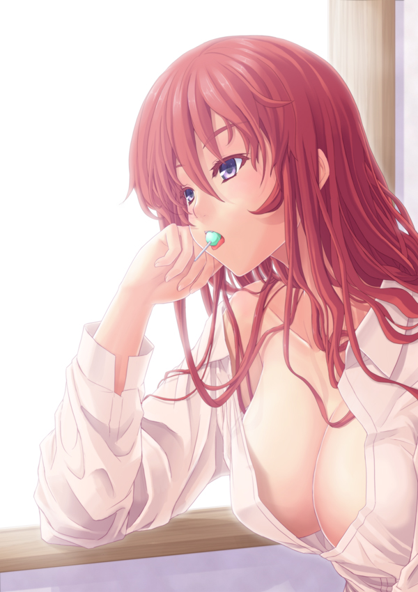 1girl, breasts, candy, cleavage, eating, female_focus, food, kanata_daiki, large_breasts, lollipop, long_hair, mouth_hold, open_clothes, open_mouth, open_shirt, original, purple_eyes, red_hair, shirt, solo