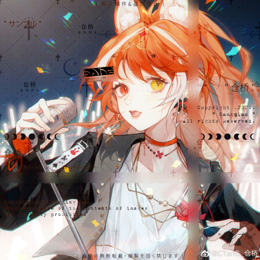 1girl, animal_ear_fluff, animal_ears, animal_print, asymmetrical_wings, audience, black_jacket, blue_sky