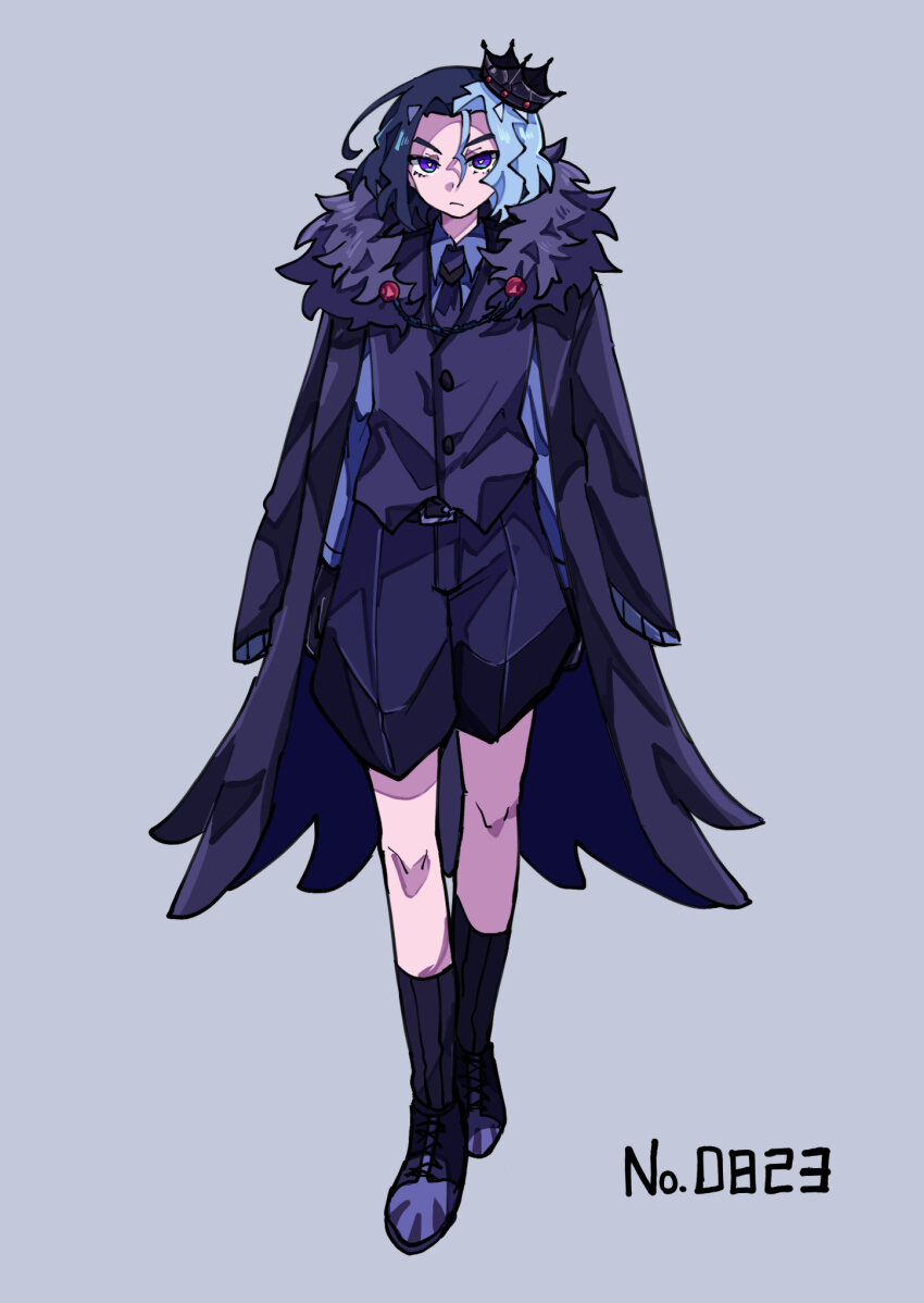 1boy, amethio_(pokemon), black_boots, black_crown, black_gloves, black_hair, black_jacket, black_necktie, boots, bright_pupils, closed_mouth, collared_shirt, corviknight, corviknight_(cosplay), cosplay, cowlick, crown, full_body, fur_collar, gen_8_pokemon, gloves, grey_background, highres, jacket, jacket_on_shoulders, long_sleeves, looking_at_viewer, loose_hair_strand, male_focus, multicolored_hair, necktie, nintendo, pokedex_number, pokemon, pokemon_(anime), pokemon_(creature), pokemon_horizons, purple_eyes, purple_shirt, purple_shorts, shiba_dzuke, shirt, short_hair, shorts, simple_background, solo, standing, symbol-shaped_pupils, triangle-shaped_pupils, two-tone_hair, white_hair, white_pupils