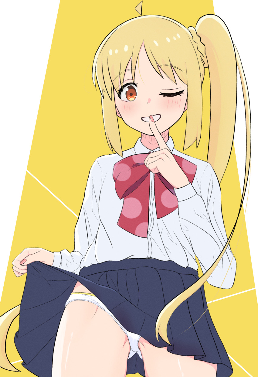 1girl, absurdres, ariita-san, blonde_hair, blue_skirt, bocchi_the_rock!, clothes_lift, commentary_request, cowboy_shot, dress, highres, ijichi_nijika, lifting_own_clothes, long_hair, one_eye_closed, panties, red_eyes, school_uniform, side_ponytail, skirt, skirt_lift, solo, thighs, two-tone_background, underwear, white_background, white_dress, white_panties, yellow_background
