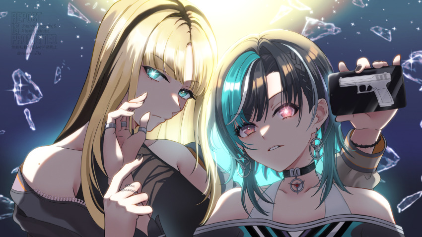 2girls, aqua_hair, asymmetrical_bangs, bare_shoulders, black_nails, blonde_hair, blunt_bangs, bracelet