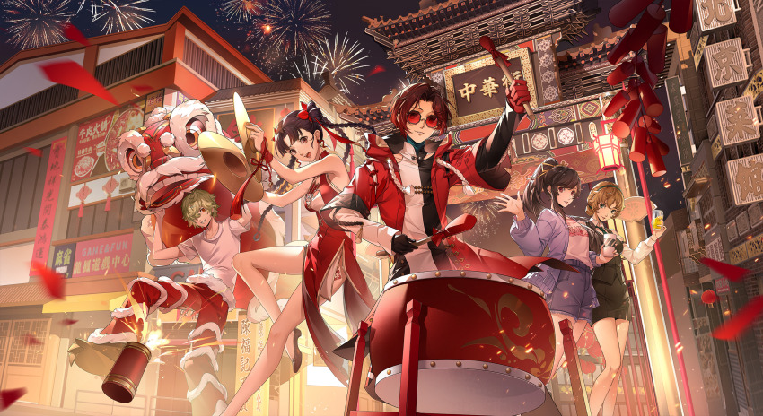 2boys, 3girls, artist_request, bare_shoulders, black_gloves, black_hair, black_skirt, blonde_hair