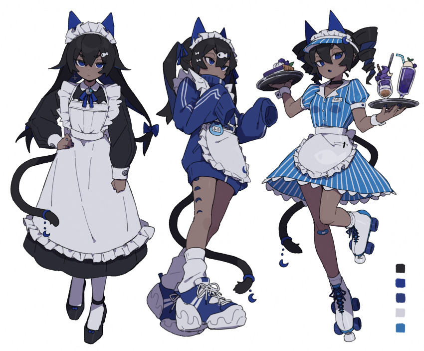 1girl, absurdres, apron, bandaid, bandaid_on_knee, bandaid_on_leg, black_choker, black_hair, black_nails, black_shoes, blue_bow, blue_eyes, blue_jacket, blue_ribbon, bow, breasts, carhop, cat_tail, choker, color_guide, commentary_request, dark-skinned_female, dark_skin, drill_hair, food, hair_bow, highres, holding, holding_tray, ice_cream, ice_cream_float, jacket, jersey_maid, long_hair, long_sleeves, maid, maid_headdress, neck_ribbon, original, puffy_short_sleeves, puffy_sleeves, ribbon, roller_skates, shoes, short_hair, short_sleeves, skates, sleeves_past_fingers, sleeves_past_wrists, small_breasts, sneakers, socks, solo, tail, tart_(food), track_jacket, tray, twin_drills, twintails, unconventional_maid, waist_apron, waitress, white_apron, white_background, white_socks, wrist_cuffs, zizi_niisan