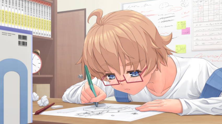 1girl, ahoge, androgynous, blue_eyes, book, brown_hair, drawing, female_focus