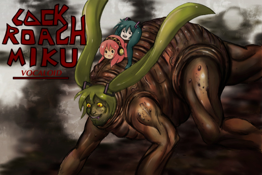 3girls, bug, cockroach, dokusonin, hatsune_miku, insect, man_after_man, megurine_luka, multiple_girls, riding, shiteyan'yo, takoluka, twintails, vocaloid