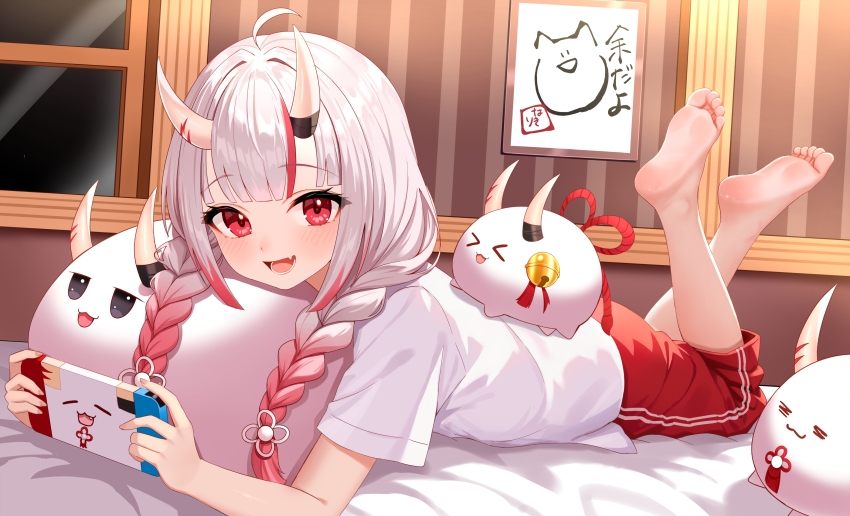 1girl, :d, absurdres, ahoge, barefoot, bed, bed_sheet, blush