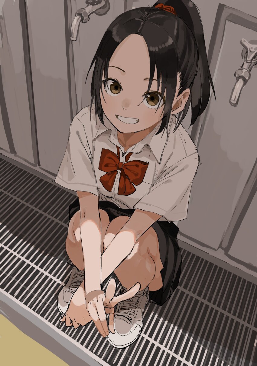 1girl, absurdres, black_hair, black_skirt, bow, bowtie, brown_eyes, highres, looking_at_viewer, manemane_nichinichi, nagisa_akane, ponytail, red_bow, red_bowtie, school_uniform, shirt, shoes, short_sleeves, skirt, smile, sneakers, solo, squatting, v, white_shirt, white_shoes, yamamoto_souichirou