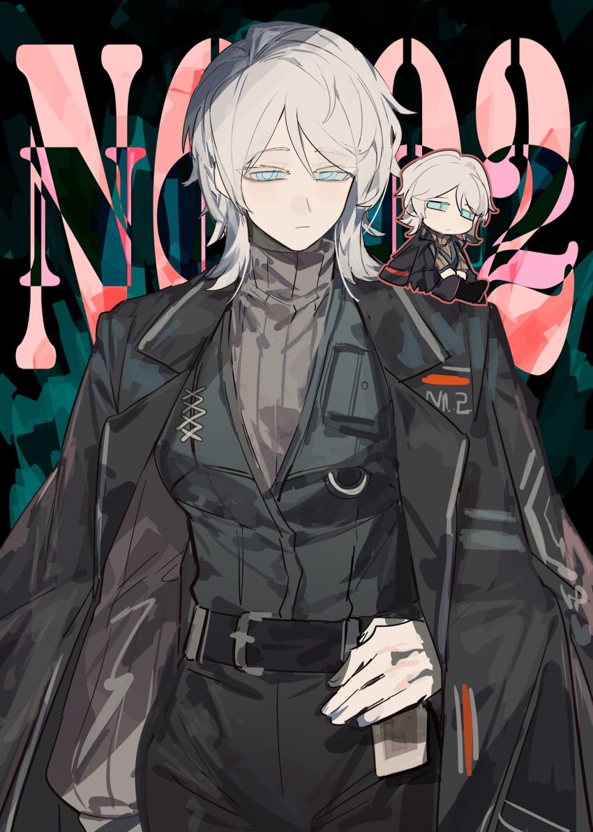 1girl, belt, black_jacket, black_pants, blue_eyes, chibi, chibi_inset, colored_eyelashes