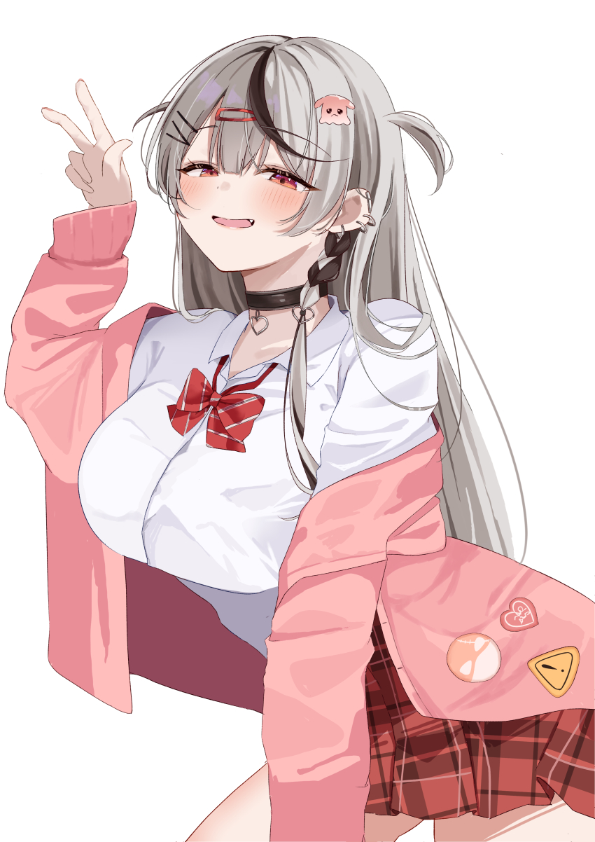 1girl, absurdres, black_collar, black_hair, blush, breasts, cardigan, collar