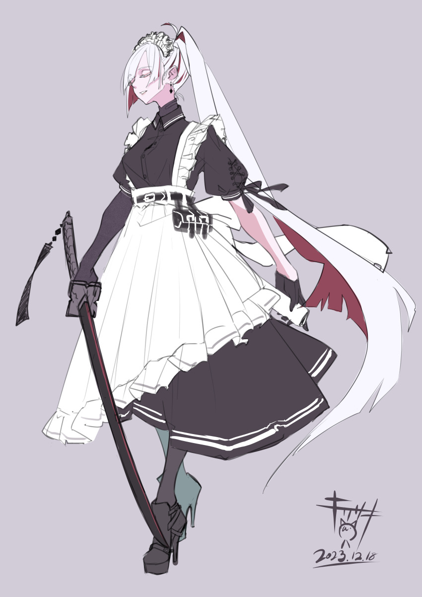 1girl, absurdres, apron, asymmetrical_gloves, black_dress, black_gloves, black_pantyhose, black_shoes