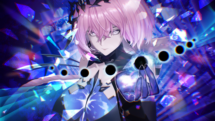 1girl, absurdres, bare_shoulders, black_collar, breasts, bright_pupils, broken_glass, chromatic_aberration