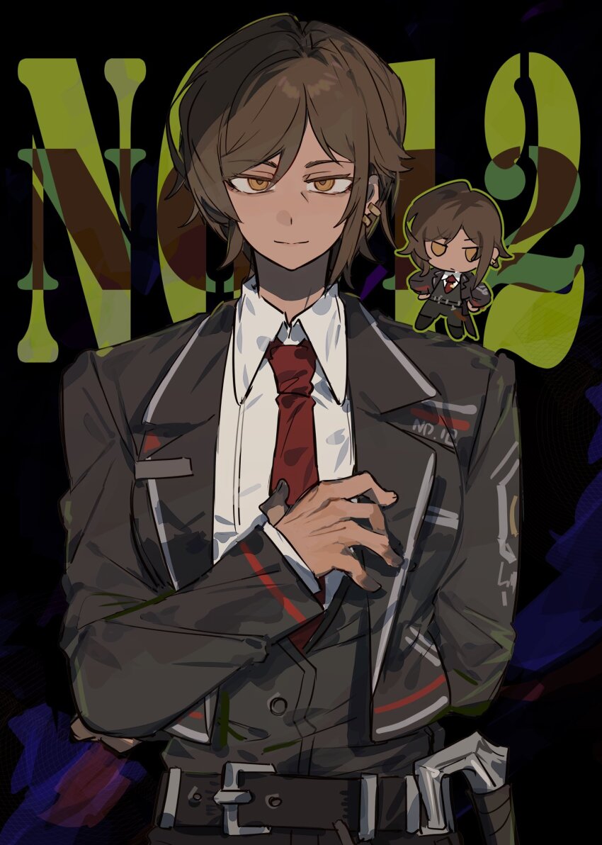 1girl, belt, black_jacket, brown_eyes, brown_hair, chibi, chibi_inset, collared_shirt