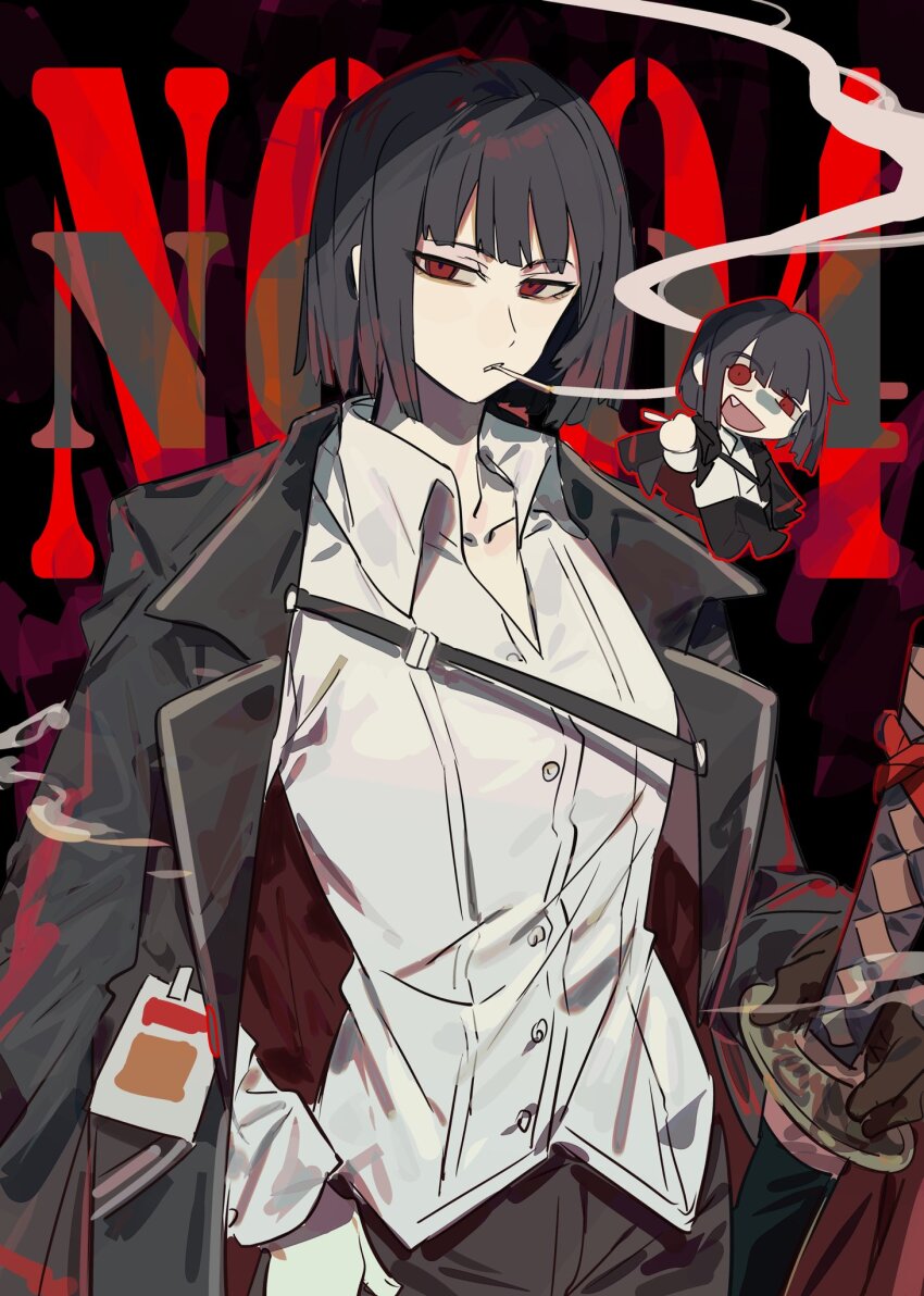 1girl, black_hair, black_jacket, brown_pants, chibi, chibi_inset, collared_shirt, cowboy_shot, hand_on_own_hip, hand_rest, highres, itokenaikei, jacket, jacket_on_shoulders, katana, limbus_company, looking_at_viewer, medium_hair, pants, project_moon, red_eyes, ryoshu_(project_moon), sheath, sheathed, shirt, smoke, smoke_trail, smoking, solo, sword, weapon, white_shirt