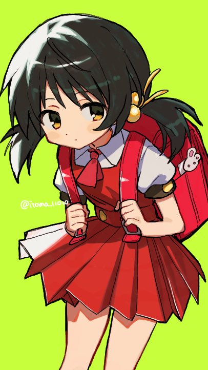 1girl, ascot, backpack, bag, black_hair, brown_eyes, collared_shirt, dress, green_background, hair_bobbles, hair_ornament, hashtag-only_commentary, itomaki_(itoma_11010), kaai_yuki, low_twintails, puffy_sleeves, randoseru, red_ascot, red_bag, red_dress, shirt, short_sleeves, short_twintails, twintails, vocaloid, white_shirt
