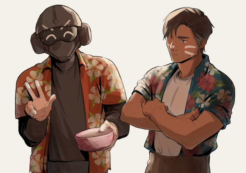 2boys, ^_^, arm_up, assault_visor, black_pants, black_shirt, brown_eyes, brown_hair