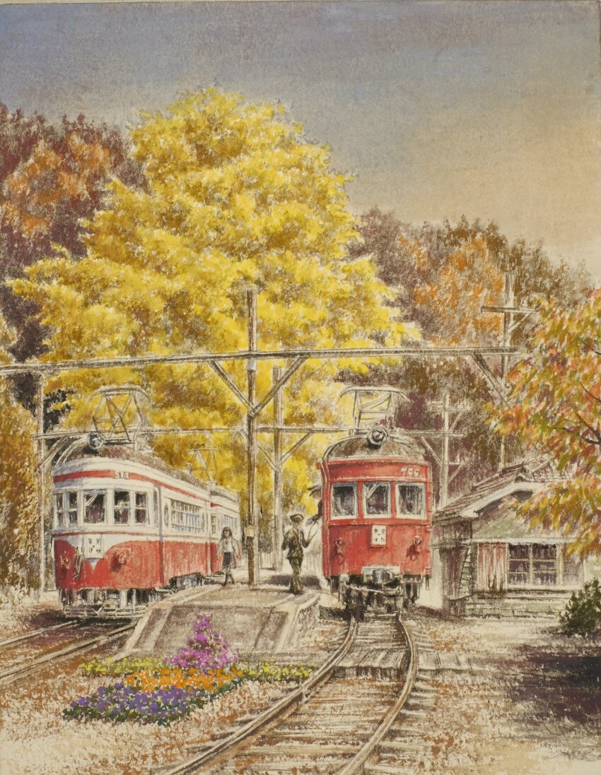 1boy, 1girl, absurdres, autumn, autumn_leaves, gifu_prefecture, grey_sky, highres