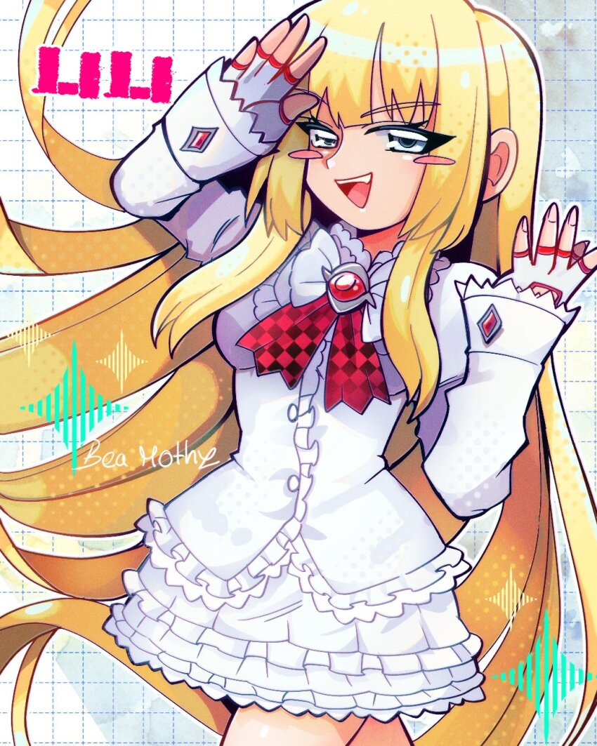 1girl, beamothy, blonde_hair, blue_eyes, breasts, emilie_de_rochefort, fingerless_gloves, gloves