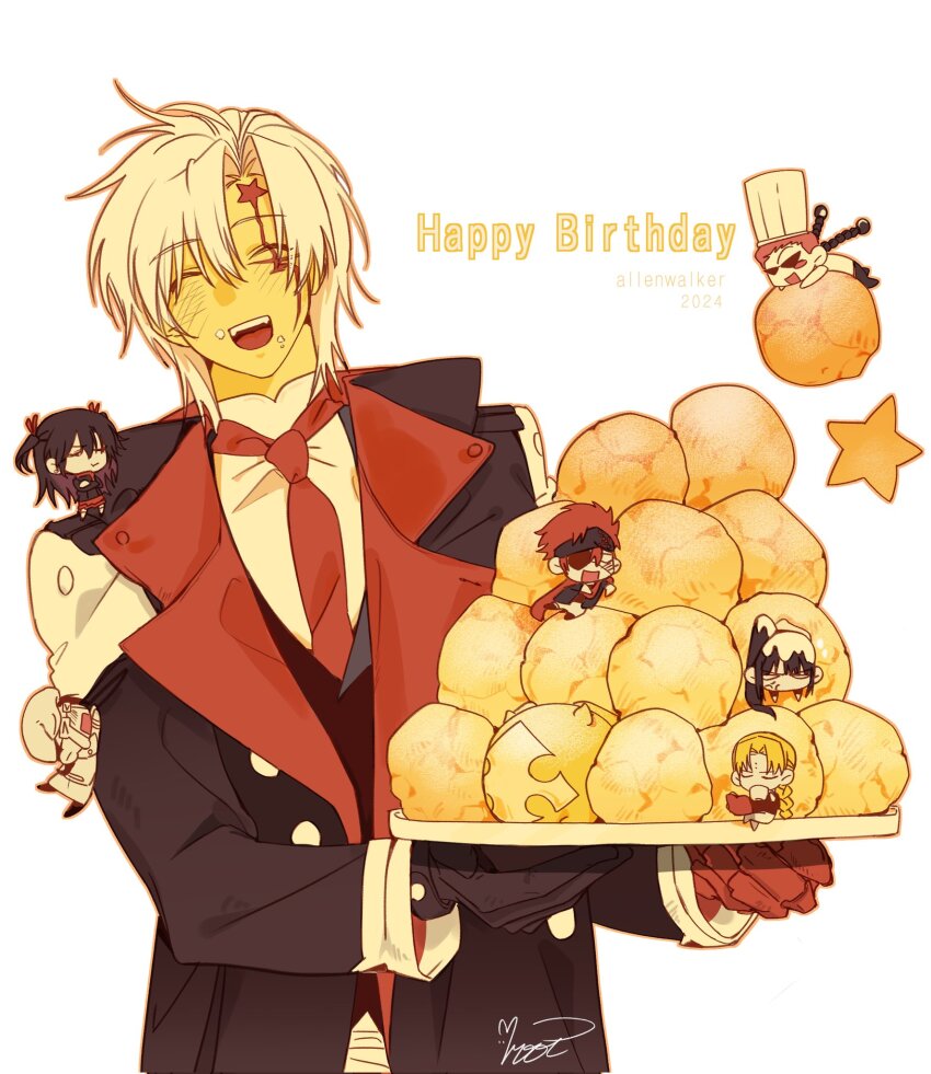 1girl, 6+boys, allen_walker, annoyed, black_coat, black_gloves, black_hair, black_hairband, black_vest, blonde_hair, blush, book, braid, chef_hat, chibi, closed_eyes, coat, collar, collared_coat, colored_extremities, crossed_arms, crying, cup, d.gray-man, eyepatch, facial_mark, food, glasses, gloves, hair_ribbon, hairband, happy_birthday, hat, high_ponytail, highres, holding, holding_another's_arm, holding_book, holding_cup, holding_food, holding_plate, howard_link, jerry(d.gray-man), kanda_yuu, komui_lee, lavi, lenalee_lee, long_hair, mini_person, multiple_boys, necktie, one_eye_covered, open_mouth, plate, ponytail, pout, puripuri0748, red_collar, red_hair, red_hands, red_necktie, red_ribbon, red_scarf, red_skirt, ribbon, scarf, shirt, short_twintails, signature, skirt, smile, standing_on_another's_shoulder, striped_coat, sunglasses, timcanpy, twin_braids, twintails, vest, white_coat, white_hair, white_hat, white_shirt