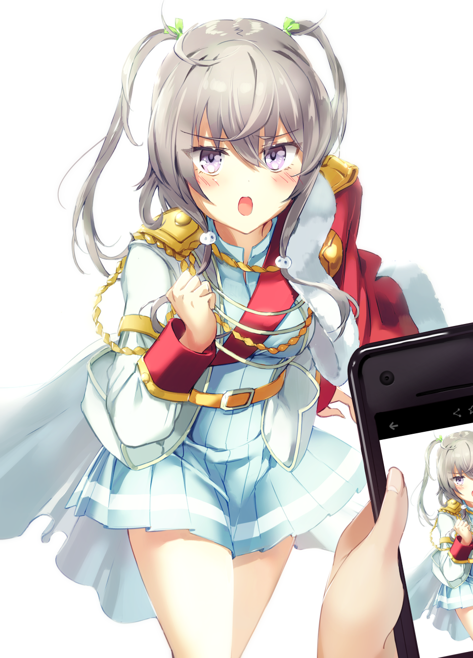1girl, 1other, belt, blush, cellphone, clenched_hand, commentary_request, cosplay