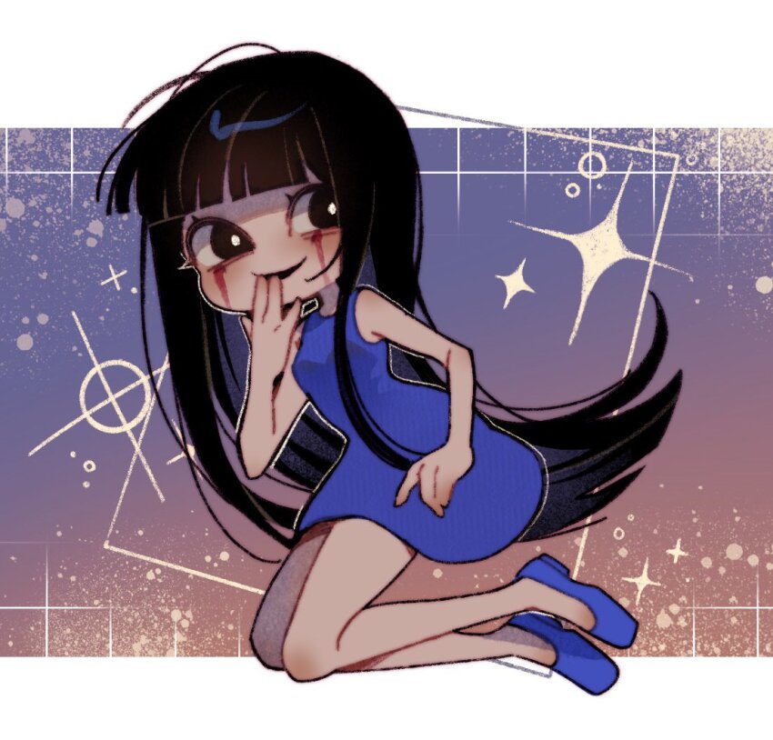 1girl, black_eyes, black_hair, blood, bloody_tears, blue_dress, commentary_request, dress