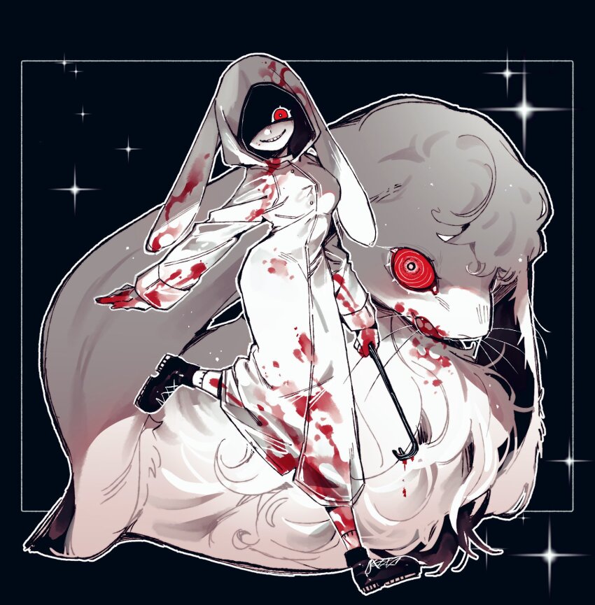 1girl, animal_ears, animal_hood, black_background, blood, blood_on_clothes, blood_on_face, blood_on_hands