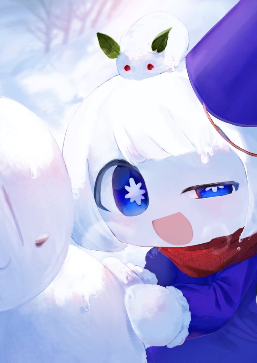1girl, :d, atarimedesita, bare_tree, blue_eyes, blue_hat, blue_shirt, bob_cut, borrowed_character, bright_pupils, bucket_hat, chibi, chibi_only, colored_skin, commentary_request, fur-trimmed_gloves, fur_trim, gloves, hat, highres, leaf, looking_at_viewer, open_mouth, original, outdoors, red_scarf, scarf, shirt, short_hair, smile, snow, snowman, solo, symbol-shaped_pupils, tree, uneven_eyes, upper_body, white_gloves, white_hair, white_pupils, white_skin