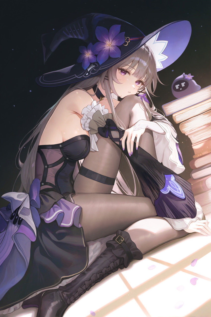 1girl, ai-assisted, armpit_crease, bare_shoulders, belt_boots, black_boots, black_choker, black_dress