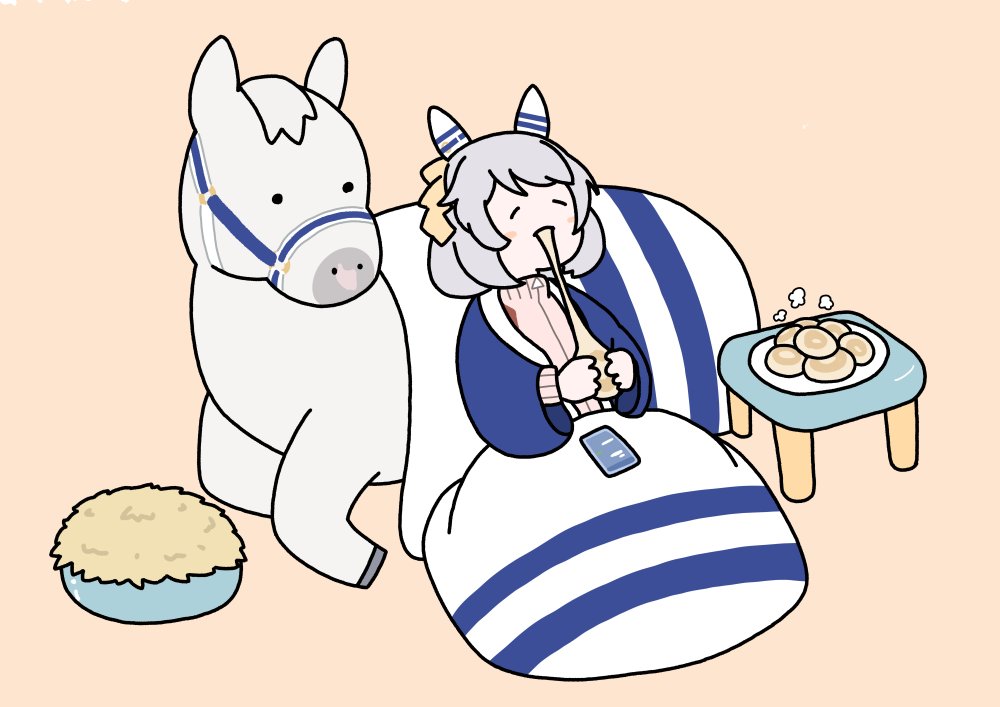 1girl, animal_ears, blanket, bowl, bridle, cellphone, closed_eyes, creature_and_personification