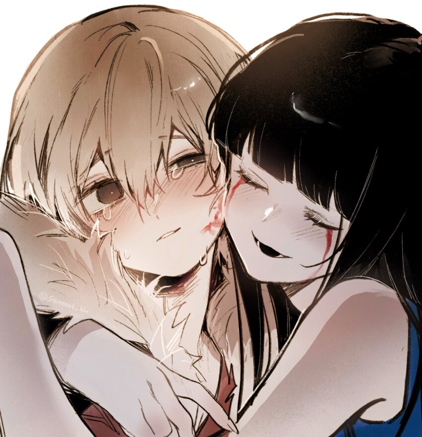 1boy, 1girl, black_hair, blonde_hair, blood, blood_on_face, bloody_tears, blue_dress, brown_eyes, brown_jacket, commentary, crying, dress, english_commentary, fingernails, fur-trimmed_jacket, fur_trim, hetero, highres, homicipher, hug, jacket, mr._human, ms._blue-clad, sharp_fingernails, simple_background, sweeeet_him, uneven_eyes, upper_body, white_background