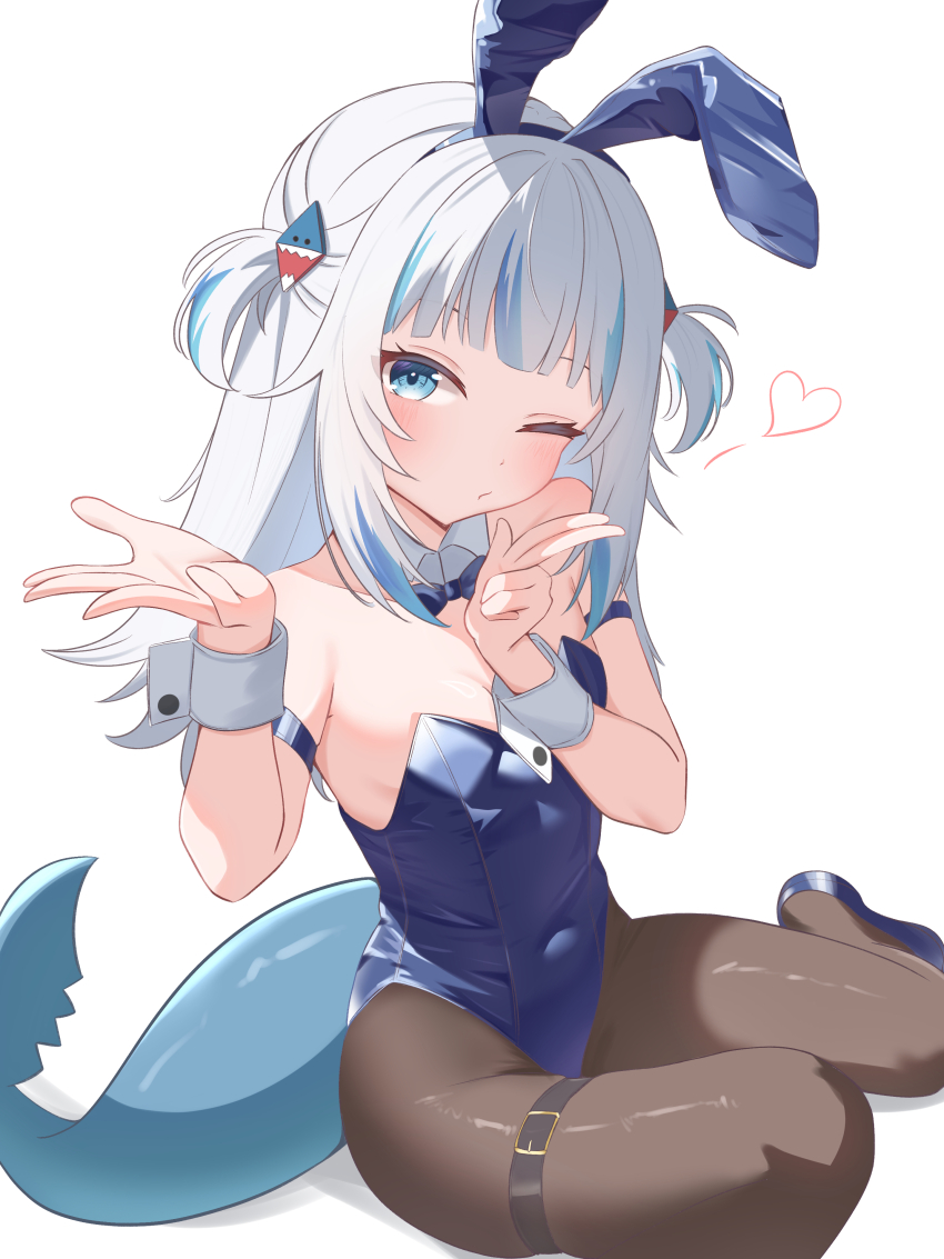 1girl, absurdres, alternate_costume, animal_ear_hairband, animal_ears, arm_strap, black_bow, black_bowtie, black_footwear, black_leotard, black_pantyhose, blowing_kiss, blue_eyes, blue_hair, blunt_bangs, bow, bowtie, commentary, covered_navel, detached_collar, fake_animal_ears, fins, fish_tail, gawr_gura, grey_hair, hair_ornament, hairband, hands_up, highleg, highleg_panties, highres, hololive, hololive_english, leotard, long_hair, looking_at_viewer, multicolored_hair, one_eye_closed, panties, pantyhose, playboy_bunny, rabbit_ear_hairband, rabbit_ears, ryu160303, shark_girl, shark_hair_ornament, shark_tail, simple_background, sitting, solo, strapless, strapless_leotard, streaked_hair, tail, thigh_strap, traditional_bowtie, two_side_up, underwear, virtual_youtuber, white_background, wrist_cuffs, yokozuwari