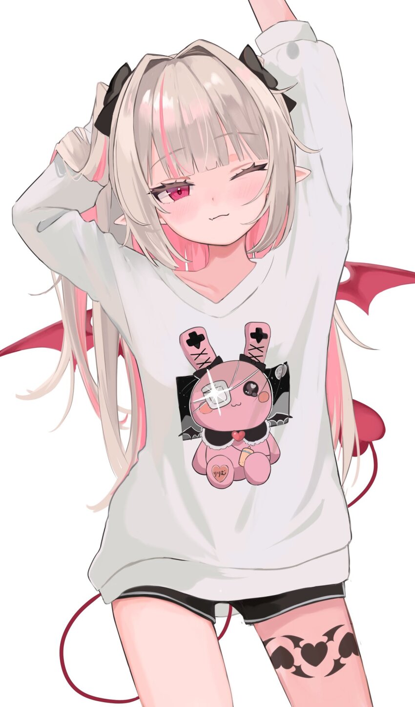 1girl, alternate_costume, arms_up, black_shorts, blouse, brown_hair, closed_mouth, collarbone