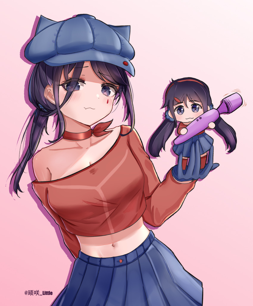 2091966, 2girls, :3, absurdres, animal_ear_headwear, animal_ears, black_eyes, black_hair, blue_gloves, blue_hat, blue_skirt, chibi_mita_(miside), choker, collarbone, commentary, cool_mita_(miside), cropped_shirt, english_commentary, facial_mark, fake_animal_ears, fang, gloves, hand_up, hat, highres, hitachi_magic_wand, long_hair, looking_at_viewer, low_ponytail, low_twintails, midriff, miside, mita_(miside), multiple_girls, navel, newsboy_cap, pleated_skirt, ponytail, red_choker, red_shirt, sex_toy, shirt, simple_background, single_bare_shoulder, single_off_shoulder, skin_fang, skirt, smile, tattoo, teardrop_facial_mark, teardrop_tattoo, twintails, vibrator