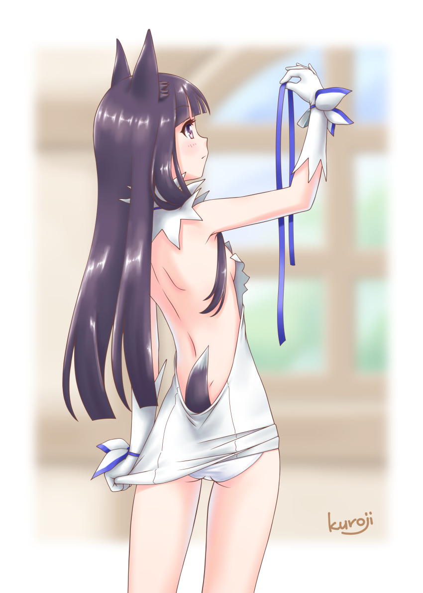 1girl, absurdres, animal_ears, backless_leotard, backless_outfit, bare_arms, bare_back, bare_shoulders, commentary_request, cosplay, cowboy_shot, dog_ears, dog_girl, dog_tail, dungeon_ni_deai_wo_motomeru_no_wa_machigatteiru_darou_ka, gloves, hestia_(danmachi), hestia_(danmachi)_(cosplay), highres, holding, indoors, kasumi_(princess_connect!), kuroji_(kuroji1970), leotard, long_hair, minase_inori, panties, pantyshot, princess_connect!, solo, tail, underwear, voice_actor_connection, white_gloves, white_leotard, window