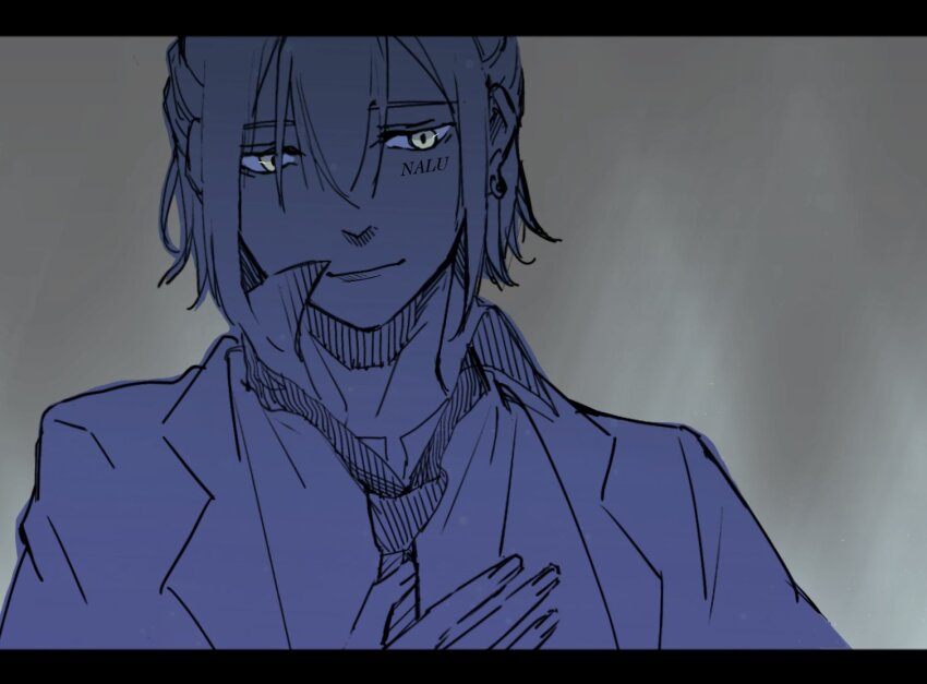 1boy, collared_shirt, earrings, hand_on_own_chest, jewelry, light_smile, looking_down, monochrome