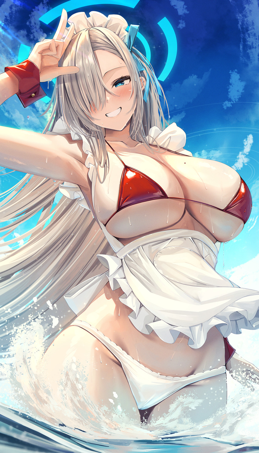 1girl, apron, arm_up, asuna_(blue_archive), azur_lane, belfast_(azur_lane), belfast_(azur_lane)_(cosplay), belfast_(blissful_service)_(azur_lane)